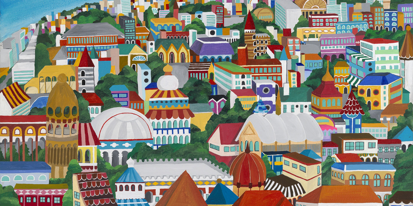 Painting of a ocean-side town with colorful buildings.